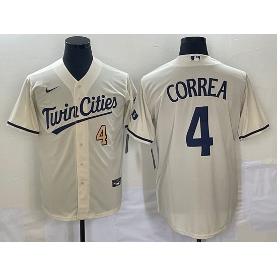 Men's Minnesota Twins #4 Carlos Correa Number Cream 2022 City Connect Cool Base Stitched Jersey Men's Minnesota Twins #4 Carlos Correa Number Cream 2022 City Connect Cool Base Stitched Jersey