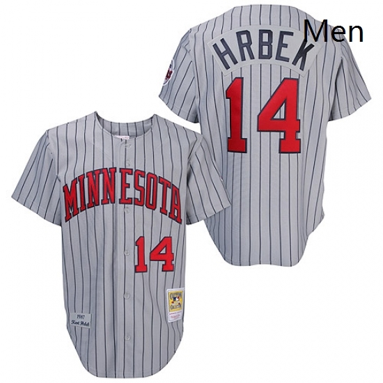 Mens Mitchell and Ness 1987 Minnesota Twins 14 Kent Hrbek Authentic Grey Throwback MLB Jersey Mens Mitchell and Ness 1987 Minnesota Twins 14 Kent Hrbek Authentic Grey Throwback MLB Jersey