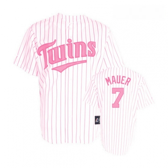 Womens Majestic Minnesota Twins 7 Joe Mauer Replica WhitePink Strip MLB Jersey Womens Majestic Minnesota Twins 7 Joe Mauer Replica WhitePink Strip MLB Jersey