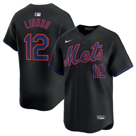 Men New York Mets 12 Francisco Lindor Black Alternate Limited Stitched Baseball Jersey Men New York Mets 12 Francisco Lindor Black Alternate Limited Stitched Baseball Jersey