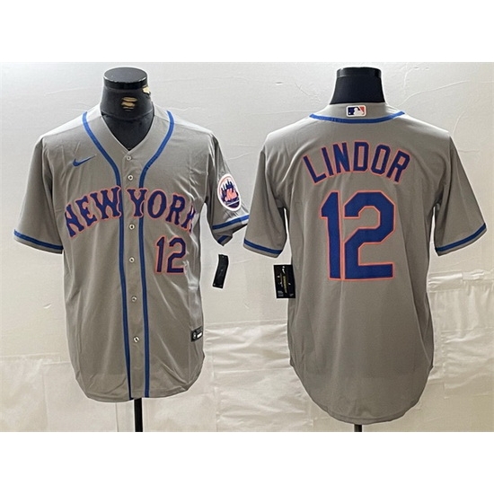 Men New York Mets 12 Francisco Lindor Grey Stitched Baseball Jersey Men New York Mets 12 Francisco Lindor Grey Stitched Baseball Jersey