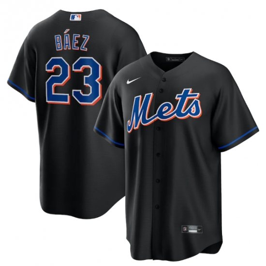 Men New York Mets 23 Javier Baez 2022 Black Cool Base Stitched Baseball Jersey Men New York Mets 23 Javier Baez 2022 Black Cool Base Stitched Baseball Jersey