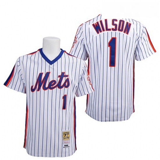 Mens Mitchell and Ness New York Mets 1 Mookie Wilson Authentic WhiteBlue Strip Throwback MLB Jersey Mens Mitchell and Ness New York Mets 1 Mookie Wilson Authentic WhiteBlue Strip Throwback MLB Jersey