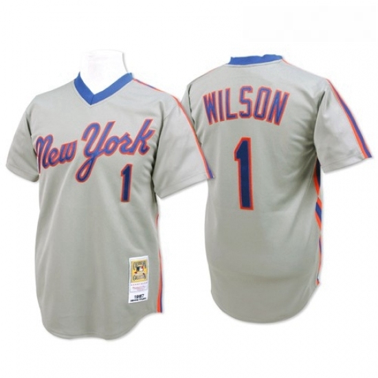 Mens Mitchell and Ness New York Mets 1 Mookie Wilson Replica Grey Throwback MLB Jersey Mens Mitchell and Ness New York Mets 1 Mookie Wilson Replica Grey Throwback MLB Jersey