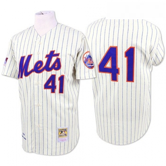Mens Mitchell and Ness New York Mets 41 Tom Seaver Authentic WhiteBlue Strip Throwback MLB Jersey Mens Mitchell and Ness New York Mets 41 Tom Seaver Authentic WhiteBlue Strip Throwback MLB Jersey