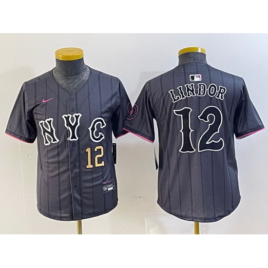 Youth New York Mets 12 Francisco Lindor Graphite 2024 City Connect Limited Stitched Baseball Jersey 2 Youth New York Mets 12 Francisco Lindor Graphite 2024 City Connect Limited Stitched Baseball Jersey 2