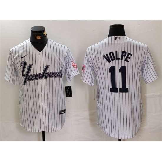 Men New York Yankees 11 Anthony Volpe White Cool Base Stitched Baseball Jersey Men New York Yankees 11 Anthony Volpe White Cool Base Stitched Baseball Jersey