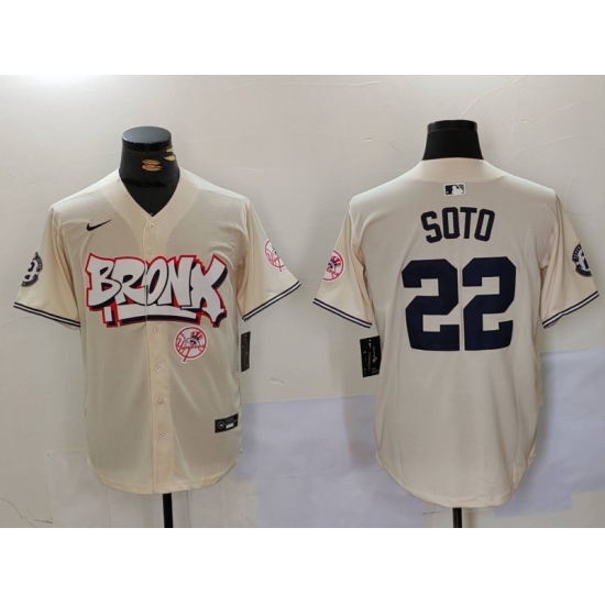 Men New York Yankees 22 Juan Soto Cream The Bronx Graffiti V2 Vapor Limited Stitched Baseball Jersey Men New York Yankees 22 Juan Soto Cream The Bronx Graffiti V2 Vapor Limited Stitched Baseball Jersey