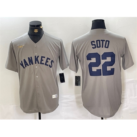 Men New York Yankees 22 Juan Soto Grey Cool Base Stitched Baseball Jersey Men New York Yankees 22 Juan Soto Grey Cool Base Stitched Baseball Jersey