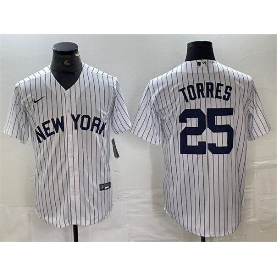 Men New York Yankees 25 Gleyber Torres White Cool Base Stitched Baseball Jersey Men New York Yankees 25 Gleyber Torres White Cool Base Stitched Baseball Jersey