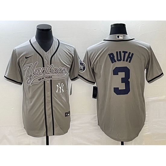 Men New York Yankees 3 Babe Ruth Gray With Patch Cool Base Stitched Baseball Jersey Men New York Yankees 3 Babe Ruth Gray With Patch Cool Base Stitched Baseball Jersey