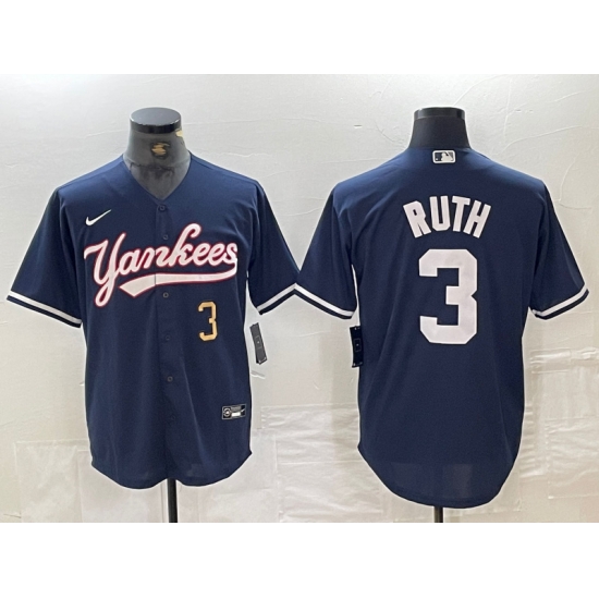 Men New York Yankees 3 Babe Ruth Number Navy Cool Base Stitched Baseball Jersey Men New York Yankees 3 Babe Ruth Number Navy Cool Base Stitched Baseball Jersey