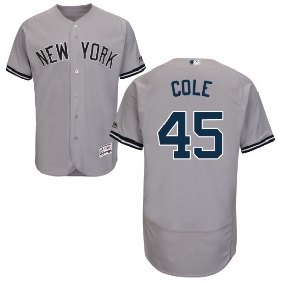 Men New York Yankees 45 Gerrit Cole Home Grey Cool Base Jersey Men New York Yankees 45 Gerrit Cole Home Grey Cool Base Jersey
