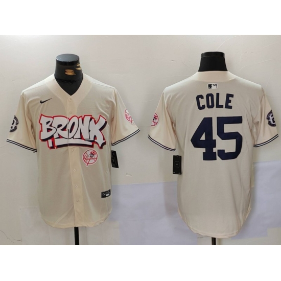 Men New York Yankees 45 Gerrit ColeCream The Bronx Graffiti V2 Vapor Limited Stitched Baseball Jersey Men New York Yankees 45 Gerrit ColeCream The Bronx Graffiti V2 Vapor Limited Stitched Baseball Jersey