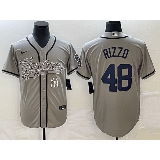Men New York Yankees 48 Anthony Rizzo Gray With Patch Cool Base Stitched Baseball Jersey Men New York Yankees 48 Anthony Rizzo Gray With Patch Cool Base Stitched Baseball Jersey