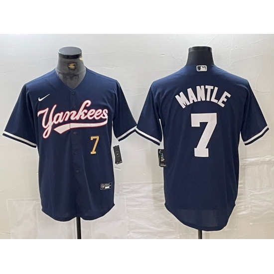 Men New York Yankees 7 Mickey Mantle Number Navy With Patch Cool Base Stitched Baseball Jersey Men New York Yankees 7 Mickey Mantle Number Navy With Patch Cool Base Stitched Baseball Jersey