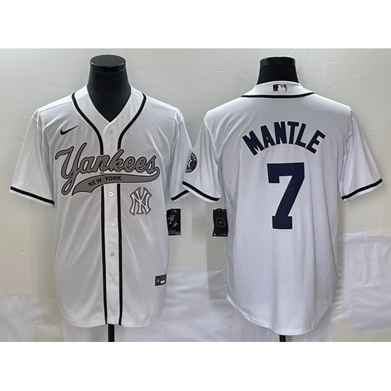 Men New York Yankees 7 Mickey Mantle White With Patch Cool Base Stitched Baseball Jersey Men New York Yankees 7 Mickey Mantle White With Patch Cool Base Stitched Baseball Jersey