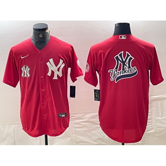 Men New York Yankees Big Logo Red Cool Base Stitched Baseball Jersey Men New York Yankees Big Logo Red Cool Base Stitched Baseball Jersey