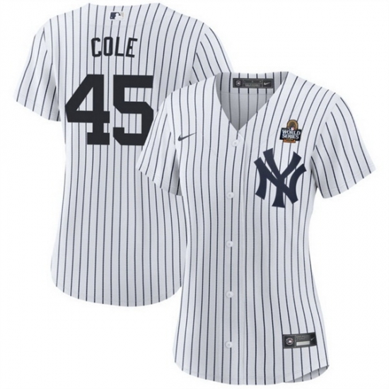 Women New York Yankees 45 Gerrit Cole White 2024 World Series With Name Cool Base Stitched Baseball Jersey Women New York Yankees 45 Gerrit Cole White 2024 World Series With Name Cool Base Stitched Baseball Jersey