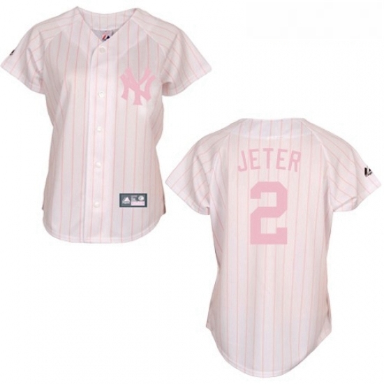 Womens Majestic New York Yankees 2 Derek Jeter Authentic WhitePink Strip MLB Jersey Womens Majestic New York Yankees 2 Derek Jeter Authentic WhitePink Strip MLB Jersey