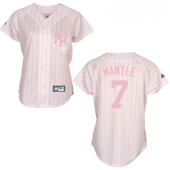 Womens Majestic New York Yankees 7 Mickey Mantle Authentic WhitePink Strip MLB Jersey Womens Majestic New York Yankees 7 Mickey Mantle Authentic WhitePink Strip MLB Jersey