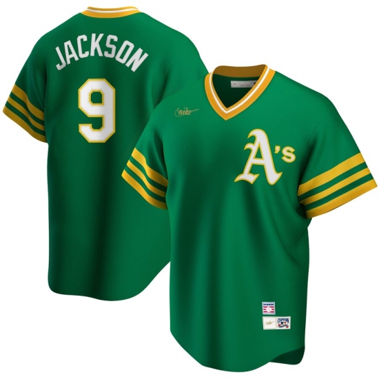 Men Oakland Athletics 9 Reggie Jackson Nike Road Cooperstown Collection Player MLB Jersey Kelly Green Men Oakland Athletics 9 Reggie Jackson Nike Road Cooperstown Collection Player MLB Jersey Kelly Green