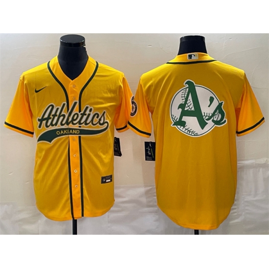 Men Oakland Athletics Yellow Team Big Logo Cool Base Stitched Baseball Jersey 001 Men Oakland Athletics Yellow Team Big Logo Cool Base Stitched Baseball Jersey 001