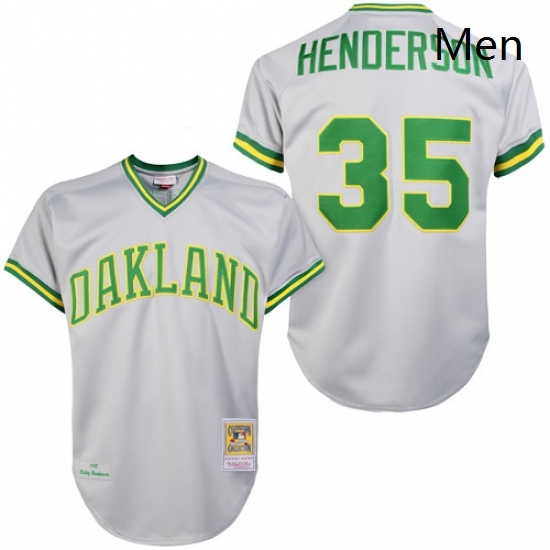 Mens Mitchell and Ness Oakland Athletics 35 Rickey Henderson Authentic Grey 1981 Throwback MLB Jersey Mens Mitchell and Ness Oakland Athletics 35 Rickey Henderson Authentic Grey 1981 Throwback MLB Jersey
