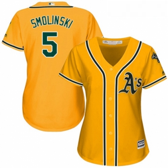 Womens Majestic Oakland Athletics 5 Jake Smolinski Authentic Gold Alternate 2 Cool Base MLB Jersey Womens Majestic Oakland Athletics 5 Jake Smolinski Authentic Gold Alternate 2 Cool Base MLB Jersey