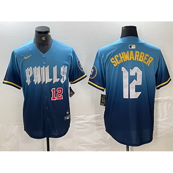 Men Philadelphia Phillies 12 Kyle Schwarber Blue 2024 City Connect Limited Stitched Jersey 2 Men Philadelphia Phillies 12 Kyle Schwarber Blue 2024 City Connect Limited Stitched Jersey 2