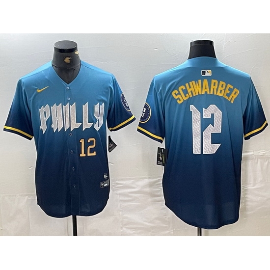 Men Philadelphia Phillies 12 Kyle Schwarber Blue 2024 City Connect Limited Stitched Jersey 3 Men Philadelphia Phillies 12 Kyle Schwarber Blue 2024 City Connect Limited Stitched Jersey 3