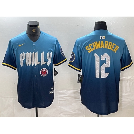 Men Philadelphia Phillies 12 Kyle Schwarber Blue 2024 City Connect Limited Stitched Jersey 4 Men Philadelphia Phillies 12 Kyle Schwarber Blue 2024 City Connect Limited Stitched Jersey 4