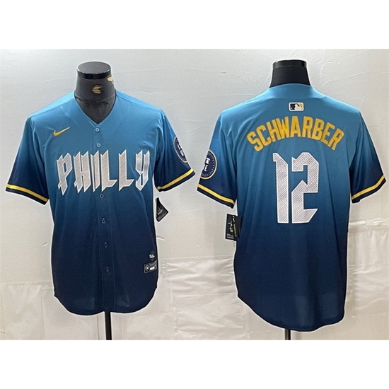 Men Philadelphia Phillies 12 Kyle Schwarber Blue 2024 City Connect Limited Stitched Jersey Men Philadelphia Phillies 12 Kyle Schwarber Blue 2024 City Connect Limited Stitched Jersey