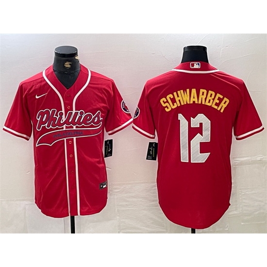 Men Philadelphia Phillies 12 Kyle Schwarber Red 2024 City Connect Limited Stitched Jersey Men Philadelphia Phillies 12 Kyle Schwarber Red 2024 City Connect Limited Stitched Jersey