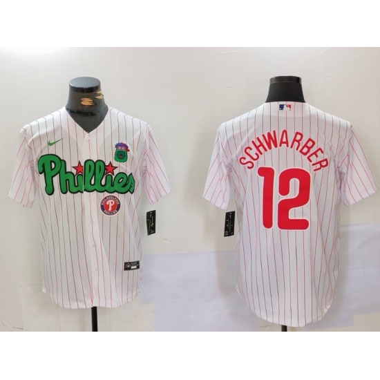 Men Philadelphia Phillies 12 Kyle Schwarber White Green Cool Base Stitched Jersey 5 Men Philadelphia Phillies 12 Kyle Schwarber White Green Cool Base Stitched Jersey 5