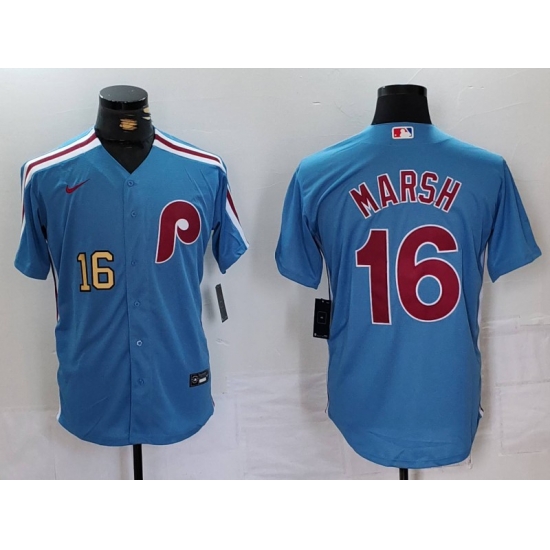Men Philadelphia Phillies 16 Brandon Marsh Blue Cool Base Stitched Jersey 2 Men Philadelphia Phillies 16 Brandon Marsh Blue Cool Base Stitched Jersey 2