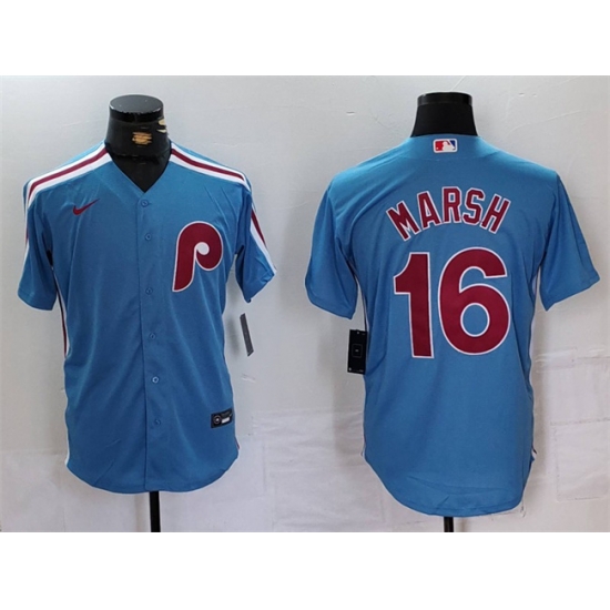 Men Philadelphia Phillies 16 Brandon Marsh Blue Cool Base Stitched Jersey Men Philadelphia Phillies 16 Brandon Marsh Blue Cool Base Stitched Jersey