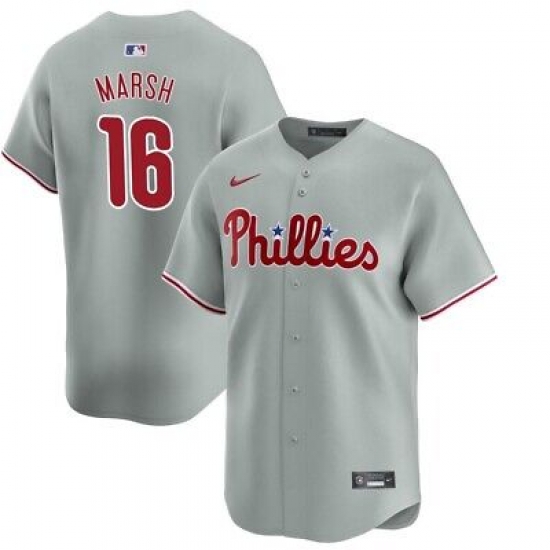Men Philadelphia Phillies 16 Brandon Marsh Gray Cool Base Stitched Baseball Jersey Men Philadelphia Phillies 16 Brandon Marsh Gray Cool Base Stitched Baseball Jersey