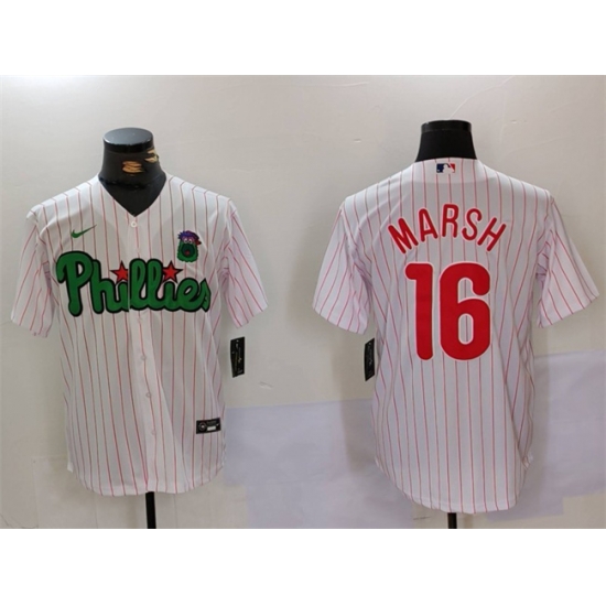 Men Philadelphia Phillies 16 Brandon Marsh White Green Cool Base Stitched Jersey Men Philadelphia Phillies 16 Brandon Marsh White Green Cool Base Stitched Jersey