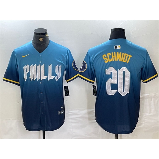 Men Philadelphia Phillies 20 Mike Schmidt Blue 2024 City Connect Limited Stitched Jersey Men Philadelphia Phillies 20 Mike Schmidt Blue 2024 City Connect Limited Stitched Jersey