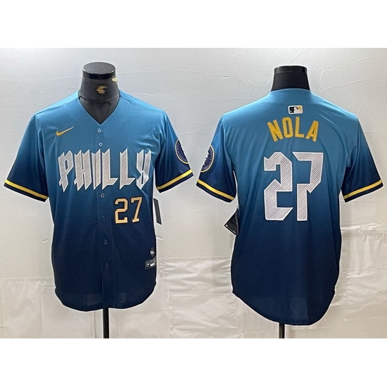 Men Philadelphia Phillies 27 Aaron Nola Blue 2024 City Connect Limited Stitched Baseball Jersey 4 Men Philadelphia Phillies 27 Aaron Nola Blue 2024 City Connect Limited Stitched Baseball Jersey 4