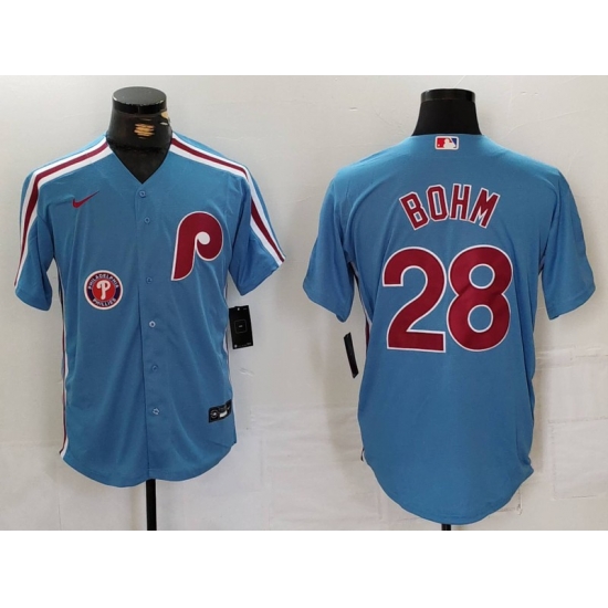 Men Philadelphia Phillies 28 Alec Bohm Blue Cool Base Stitched Jersey 1 Men Philadelphia Phillies 28 Alec Bohm Blue Cool Base Stitched Jersey 1