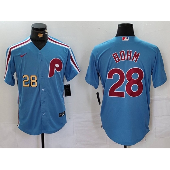 Men Philadelphia Phillies 28 Alec Bohm Blue Cool Base Stitched Jersey 2 Men Philadelphia Phillies 28 Alec Bohm Blue Cool Base Stitched Jersey 2