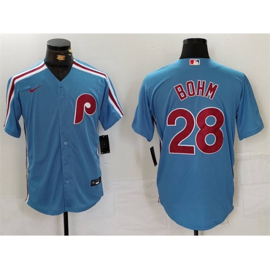 Men Philadelphia Phillies 28 Alec Bohm Blue Cool Base Stitched Jersey Men Philadelphia Phillies 28 Alec Bohm Blue Cool Base Stitched Jersey