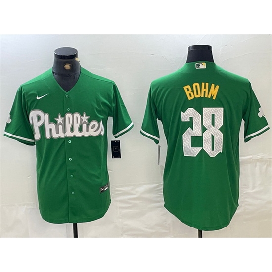 Men Philadelphia Phillies 28 Alec Bohm Green 2024 City Connect Stitched Jersey Men Philadelphia Phillies 28 Alec Bohm Green 2024 City Connect Stitched Jersey