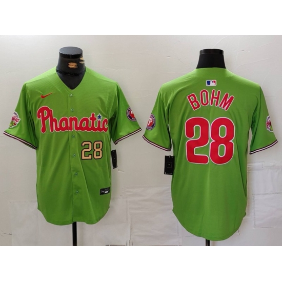 Men Philadelphia Phillies 28 Alec Bohm Green With Patch Stitched Jersey 2 Men Philadelphia Phillies 28 Alec Bohm Green With Patch Stitched Jersey 2