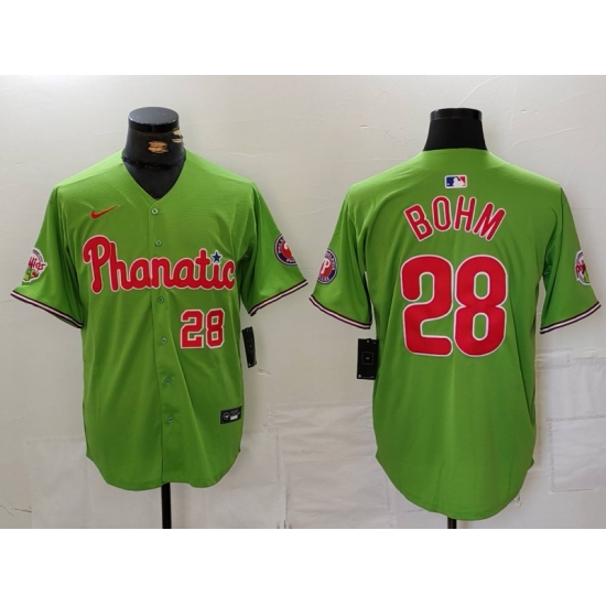 Men Philadelphia Phillies 28 Alec Bohm Green With Patch Stitched Jersey 3 Men Philadelphia Phillies 28 Alec Bohm Green With Patch Stitched Jersey 3