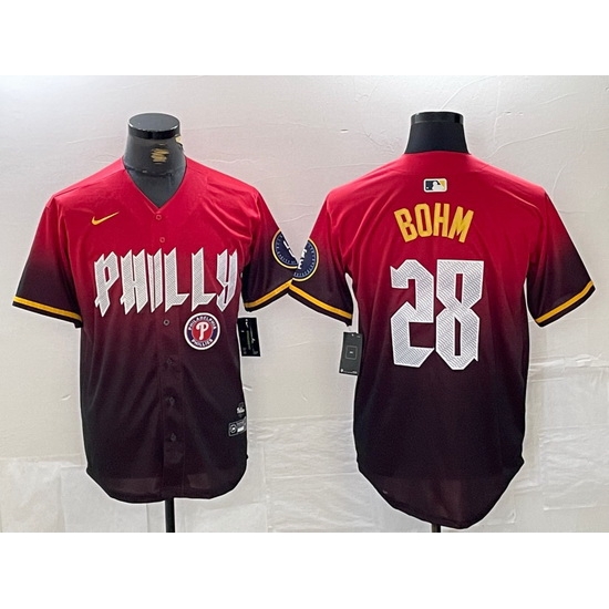 Men Philadelphia Phillies 28 Alec Bohm Red 2024 City Connect Limited Stitched Jersey 1 Men Philadelphia Phillies 28 Alec Bohm Red 2024 City Connect Limited Stitched Jersey 1