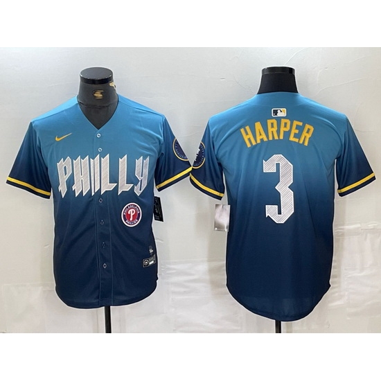 Men Philadelphia Phillies 3 Bryce Harper Blue 2024 City Connect Limited Stitched Jersey 3 Men Philadelphia Phillies 3 Bryce Harper Blue 2024 City Connect Limited Stitched Jersey 3