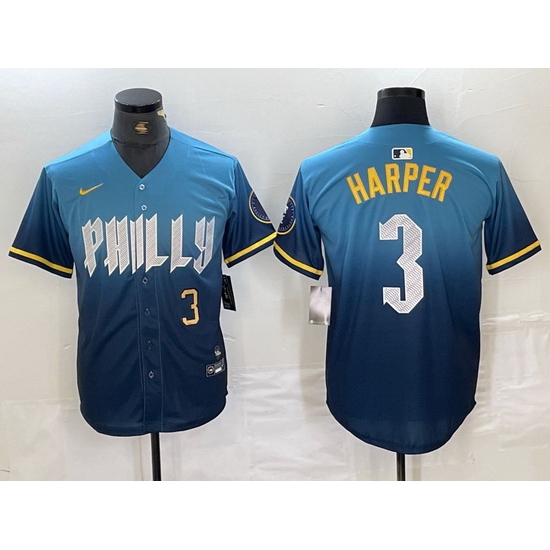Men Philadelphia Phillies 3 Bryce Harper Blue 2024 City Connect Limited Stitched Jersey 5 Men Philadelphia Phillies 3 Bryce Harper Blue 2024 City Connect Limited Stitched Jersey 5